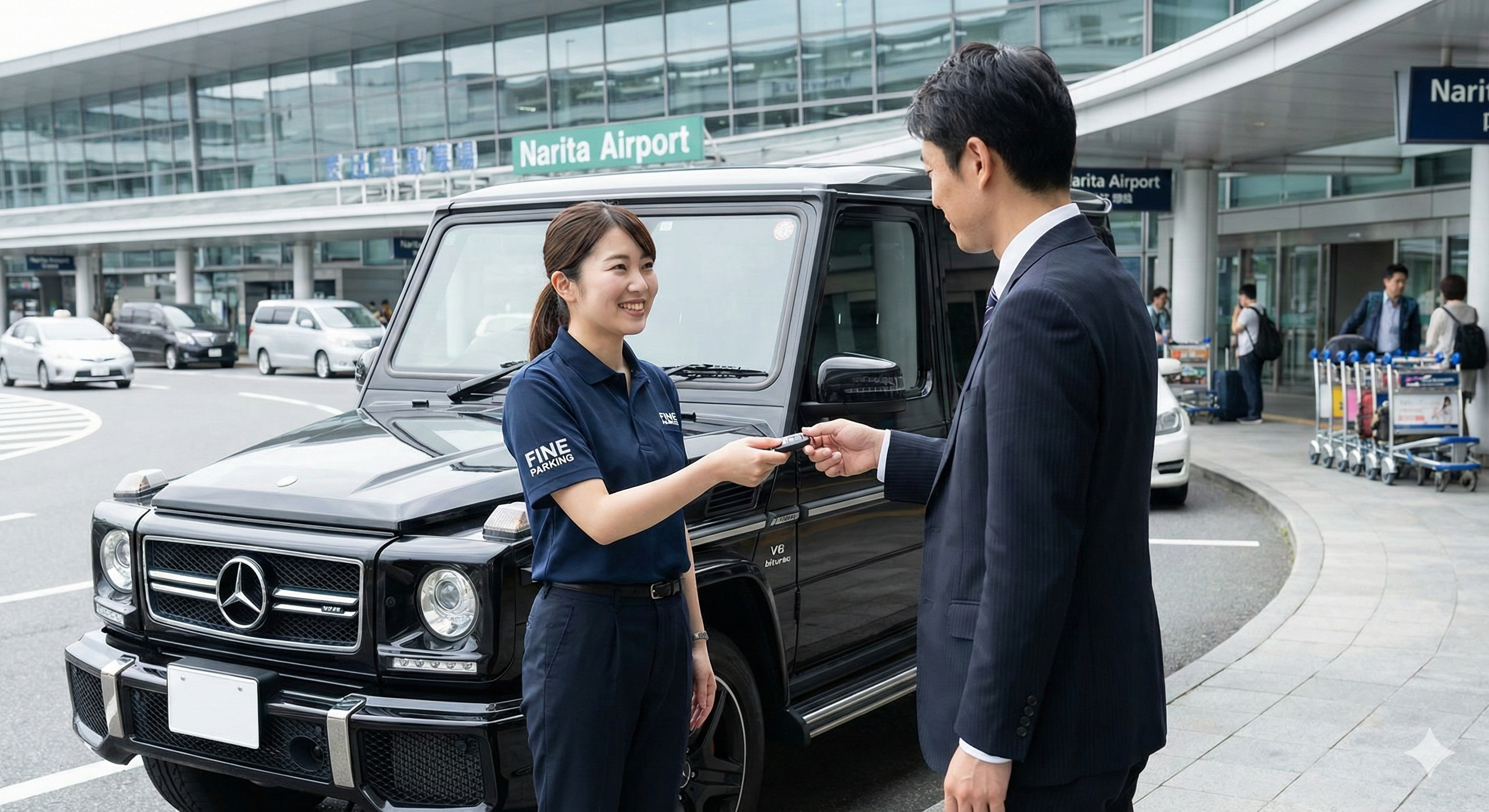空港ロビー前での鍵受け渡し